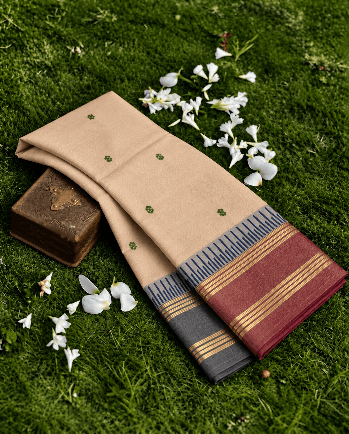 Beige Ganga Jamuna Kanchi cotton saree, maroon and grey zari borders, green buttas — handwoven pure cotton by Ayraa Silks