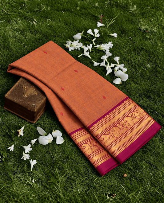 Rust butta Kanchi cotton saree, magenta zari paisley border and red buttas — handwoven pure cotton by Ayraa Silks