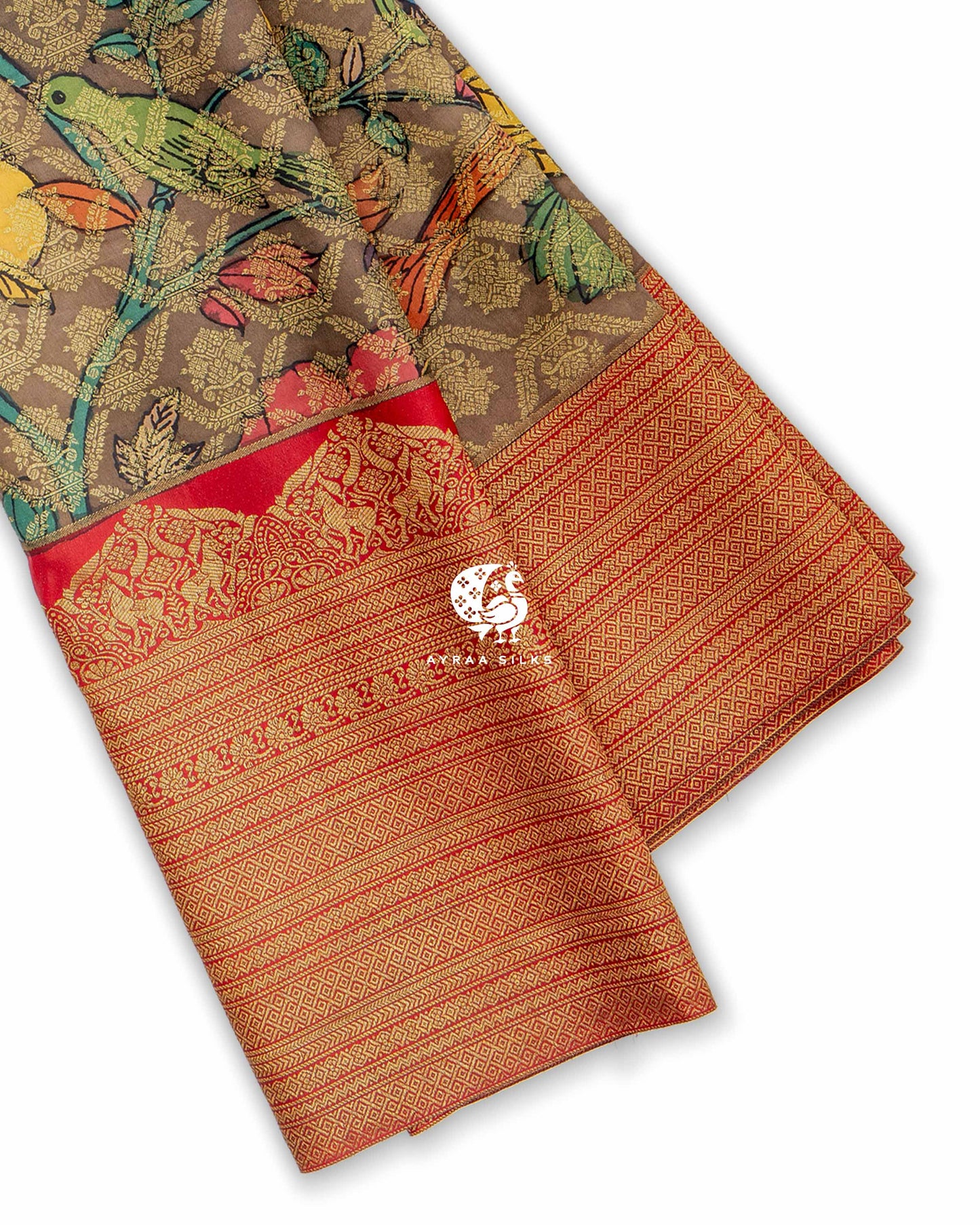 Taupe Kalamkari Kanchipuram Saree