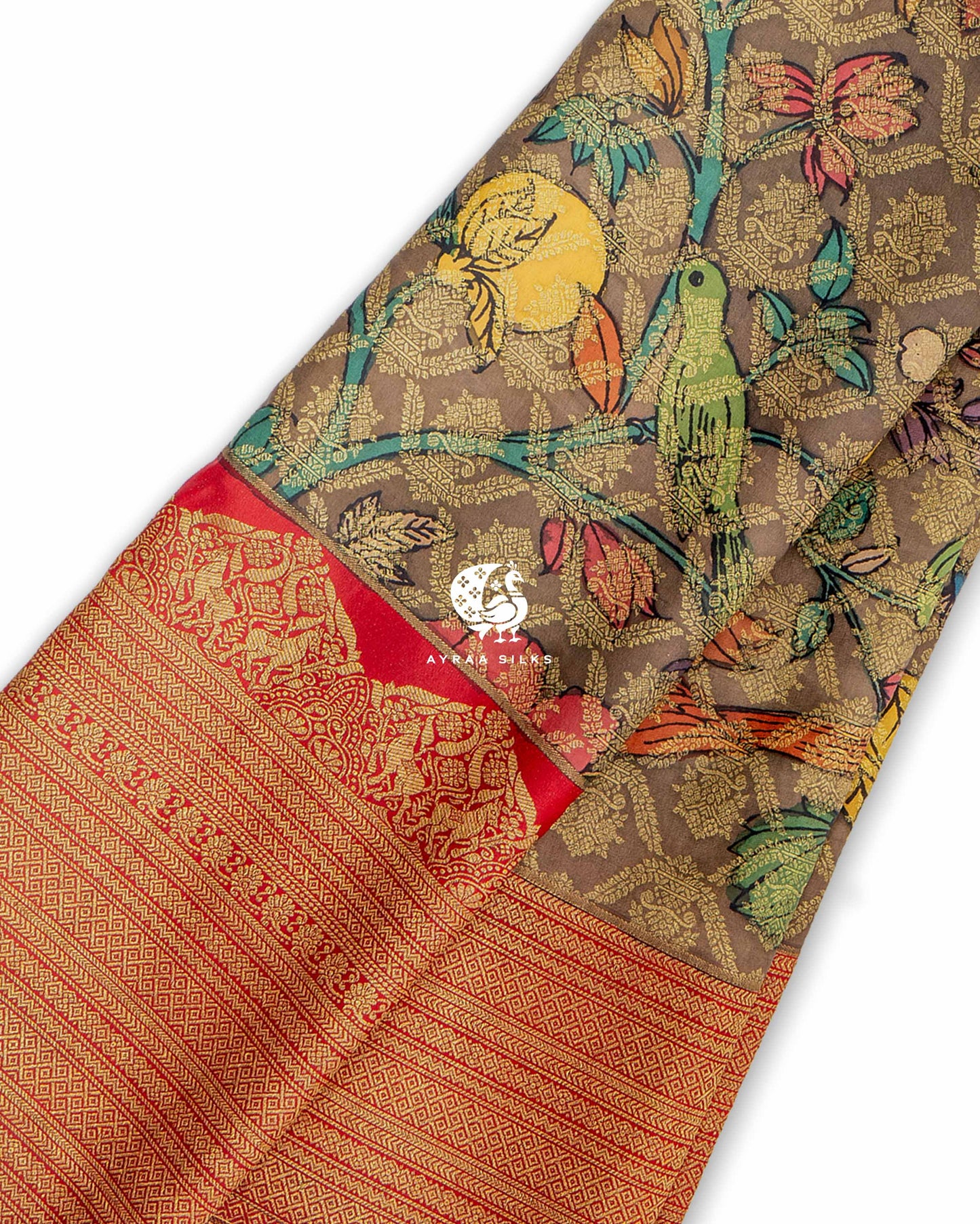 Taupe Kalamkari Kanchipuram Saree