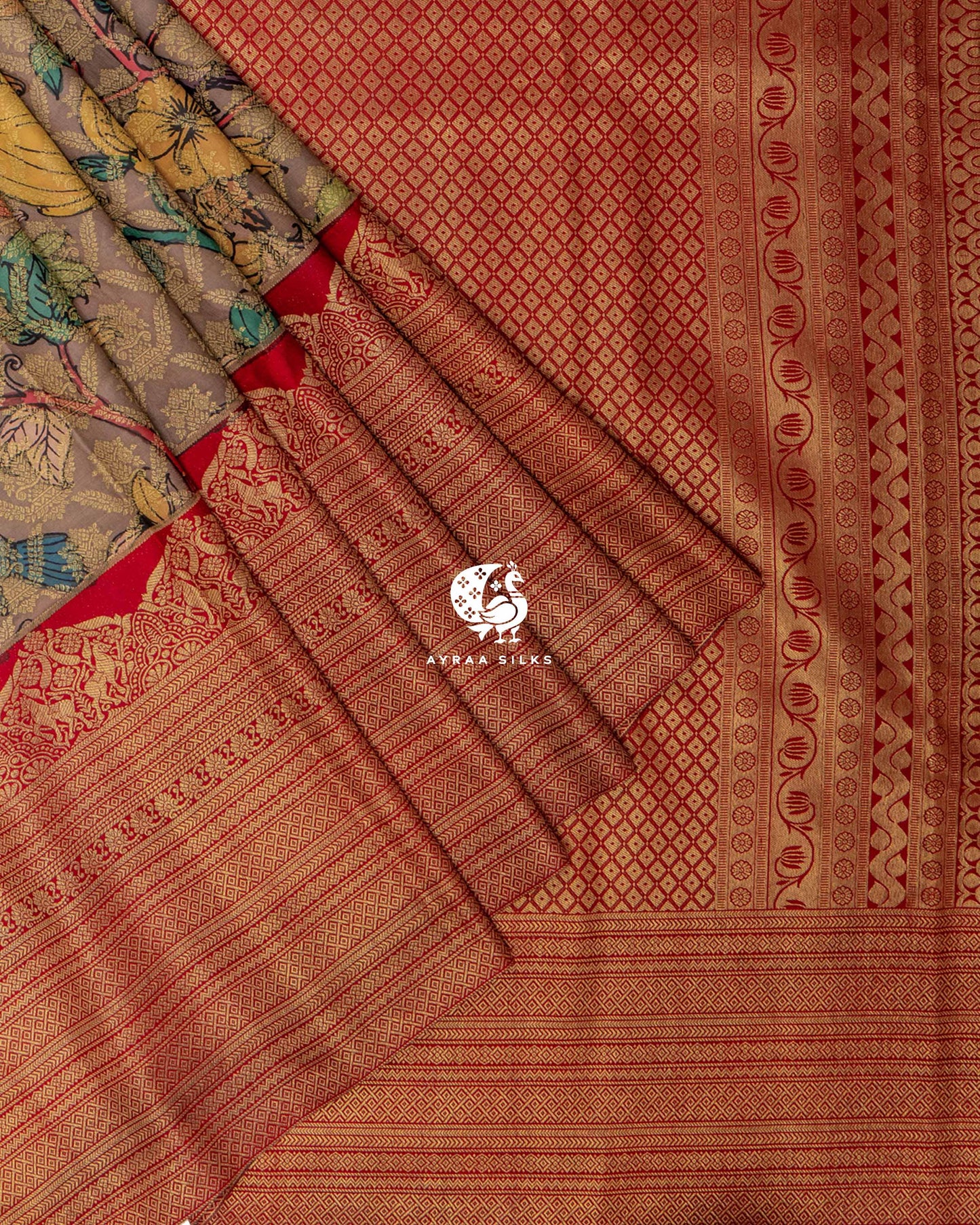 Taupe Kalamkari Kanchipuram Saree