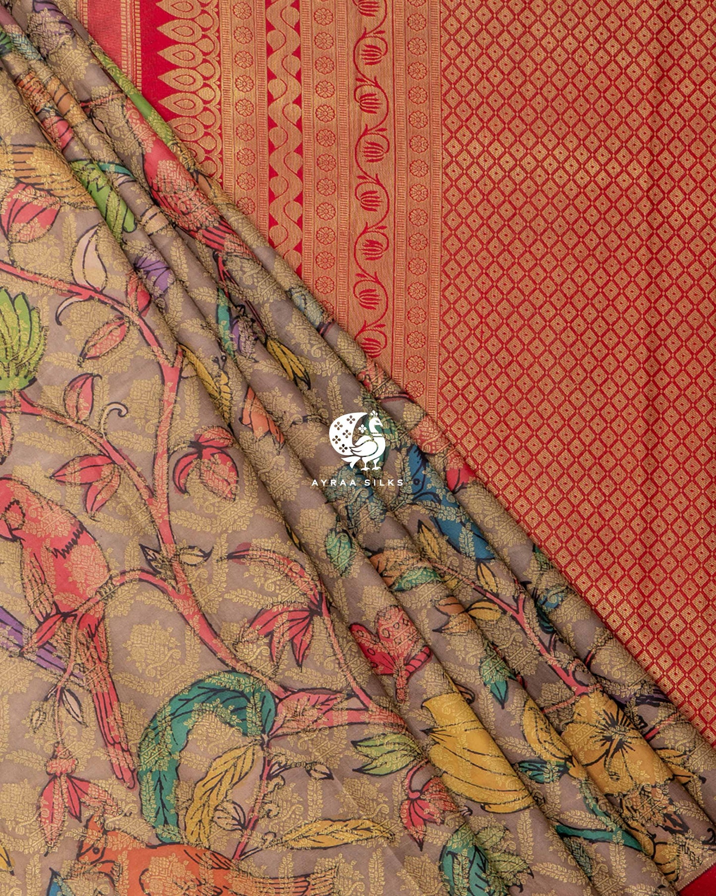 Taupe Kalamkari Kanchipuram Saree
