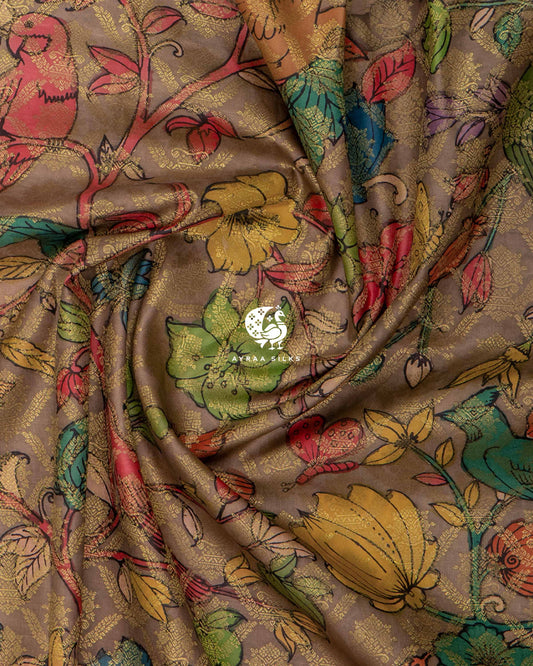 Taupe Kalamkari Kanchipuram Saree