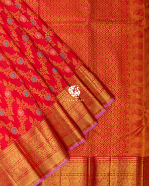 Red Malli Kanchipuram silk saree in red with gold, malli (jasmine) floral vines in zari — pure silk with pure zari, Ayraa Silks