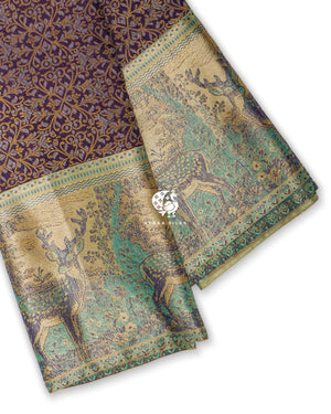 Navy Vanam Kanchipuram silk saree in deep navy with teal, teal contrast with deer motifs in gold zari — pure silk with pure zari, Ayraa Silks