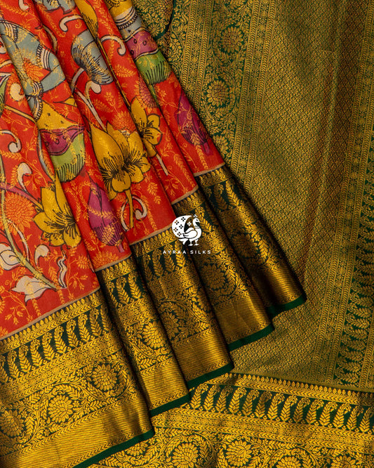 Orange Kalamkari Kanchipuram Saree