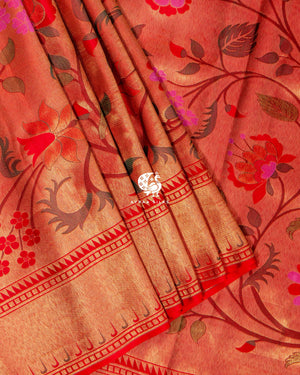 Vermilion Floral Kanchipuram silk saree in vermilion red with gold — pure silk with pure zari, Ayraa Silks