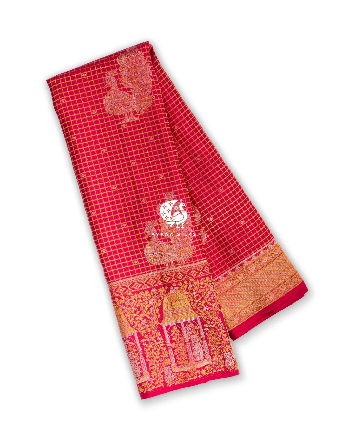 Deep Crimson Mayil Kattam Kanchipuram Saree
