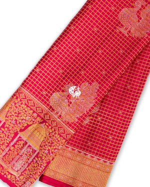 Deep Crimson Mayil Kattam Kanchipuram silk saree in deep crimson with gold, classic kattam (checks) with mayil (peacock) motifs — pure silk with pure zari, Ayraa Silks