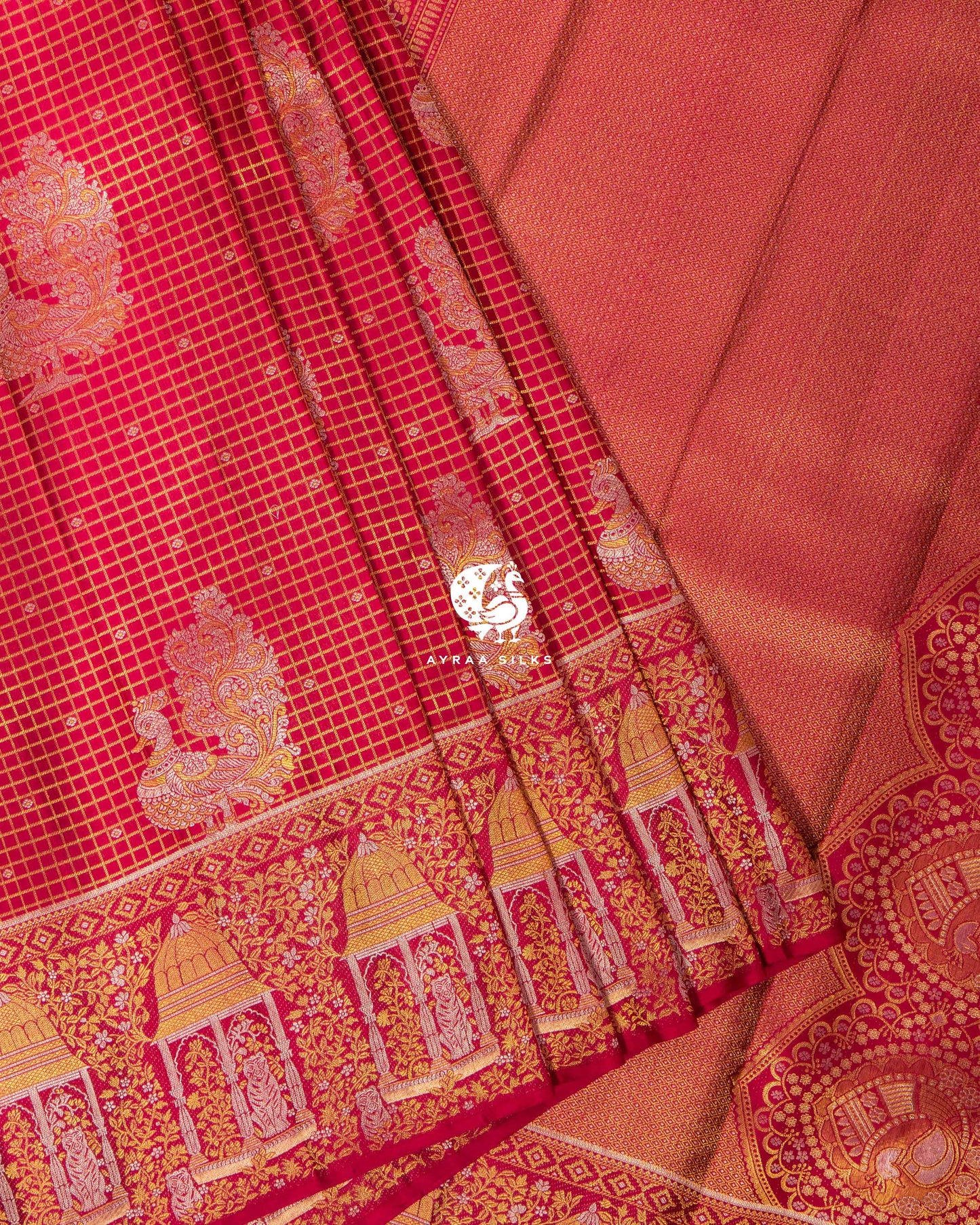 Deep Crimson Mayil Kattam Kanchipuram Saree