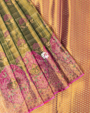 Olive Floral Kanchipuram silk saree in olive green with pink and gold, contrast with ornate floral medallions — pure silk with pure zari, Ayraa Silks