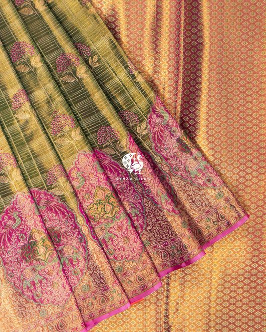 Olive Floral Kanchipuram Saree