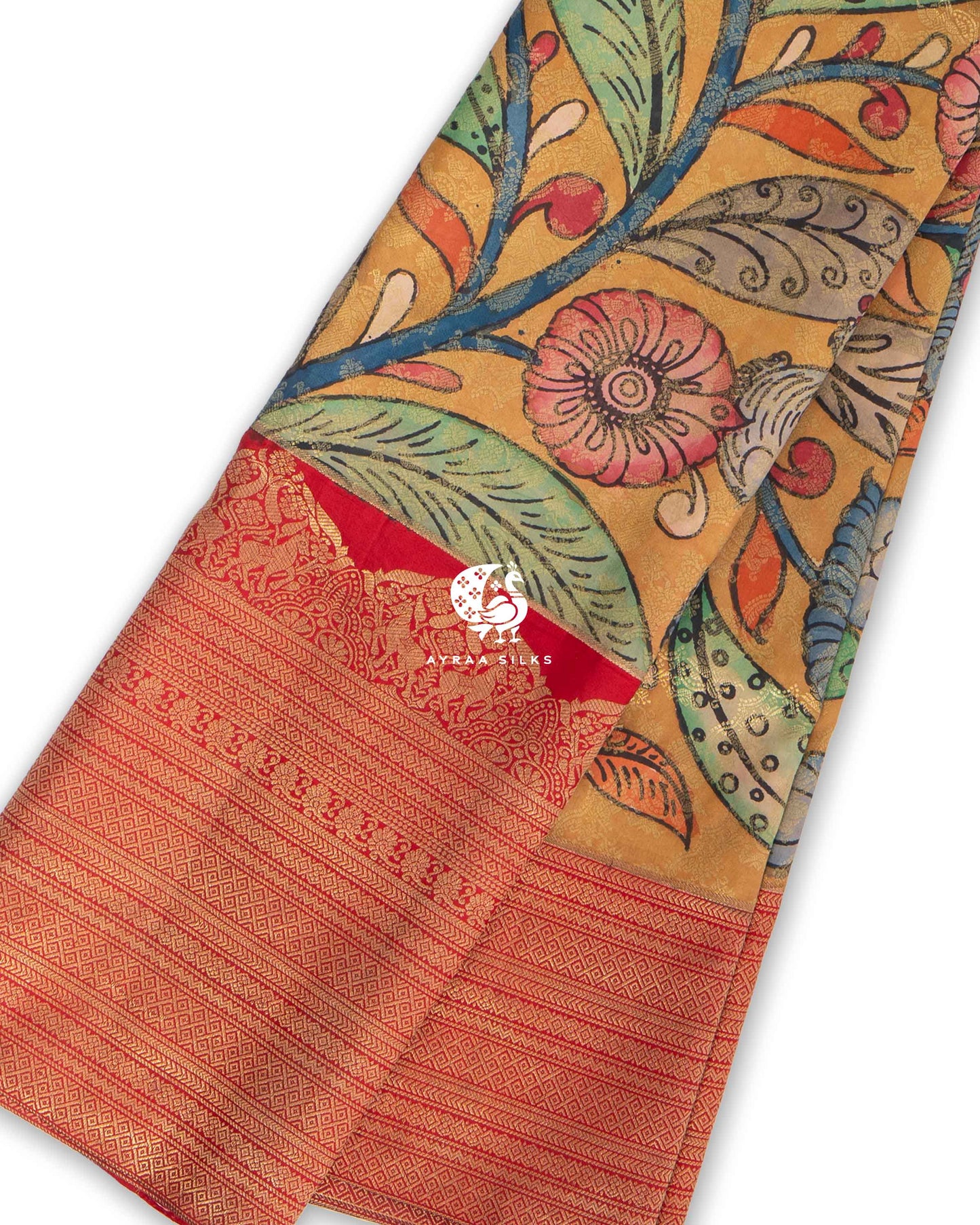 Mustard Kalamkari Kanchipuram Saree
