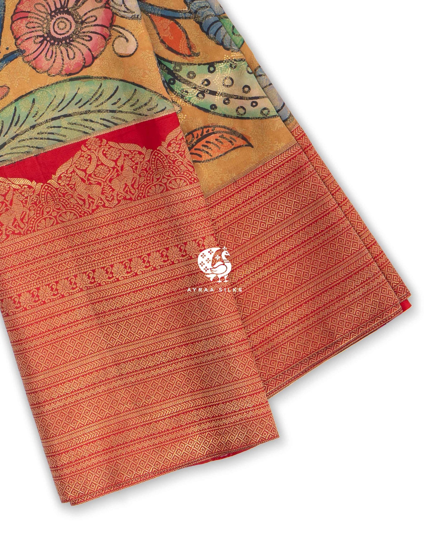 Mustard Kalamkari Kanchipuram Saree