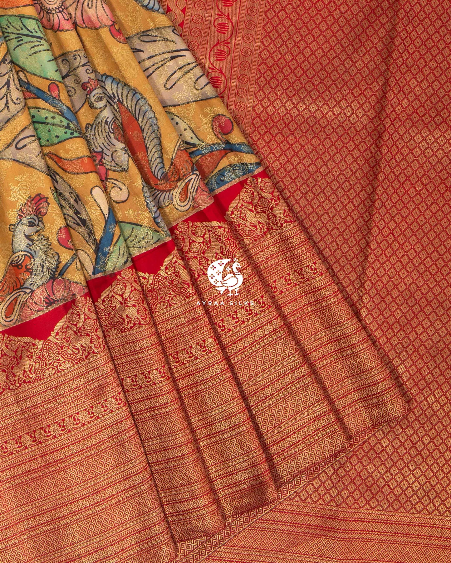 Mustard Kalamkari Kanchipuram Saree