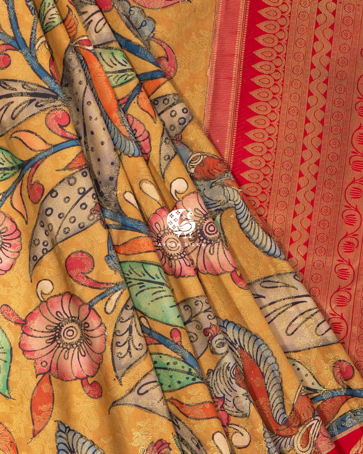 Mustard Kalamkari Kanchipuram Saree