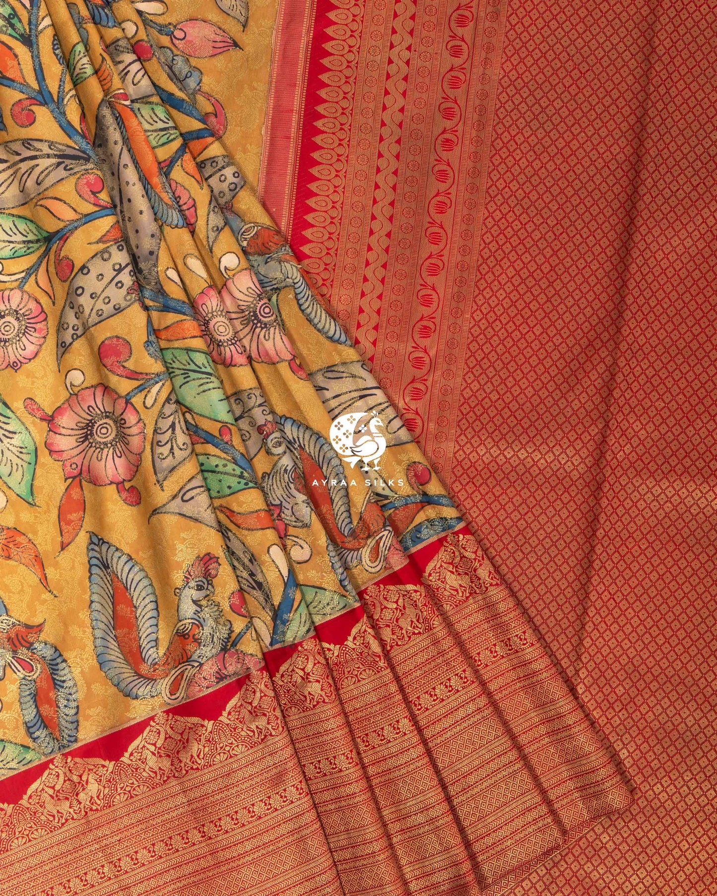 Mustard Kalamkari Kanchipuram Saree
