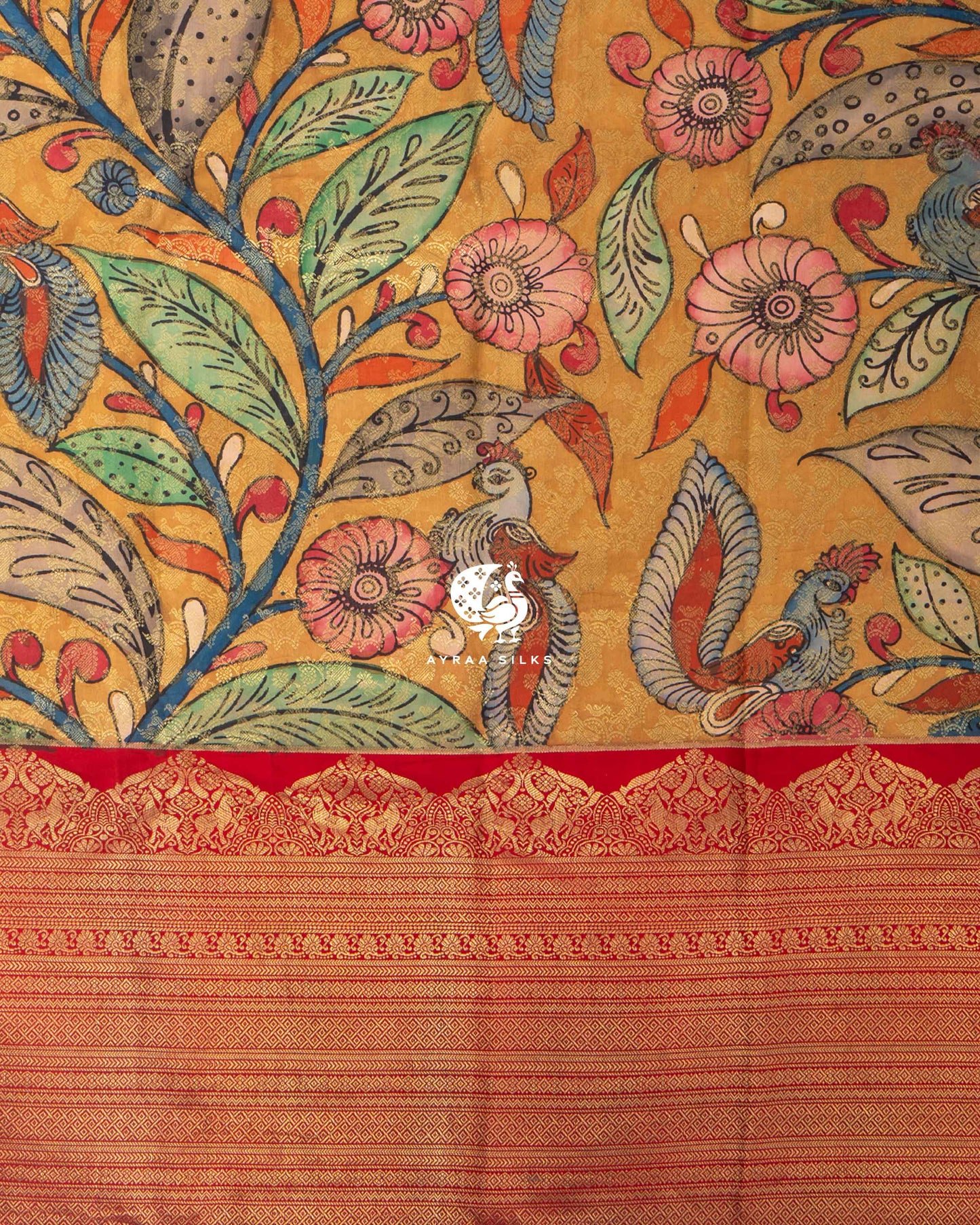 Mustard Kalamkari Kanchipuram Saree