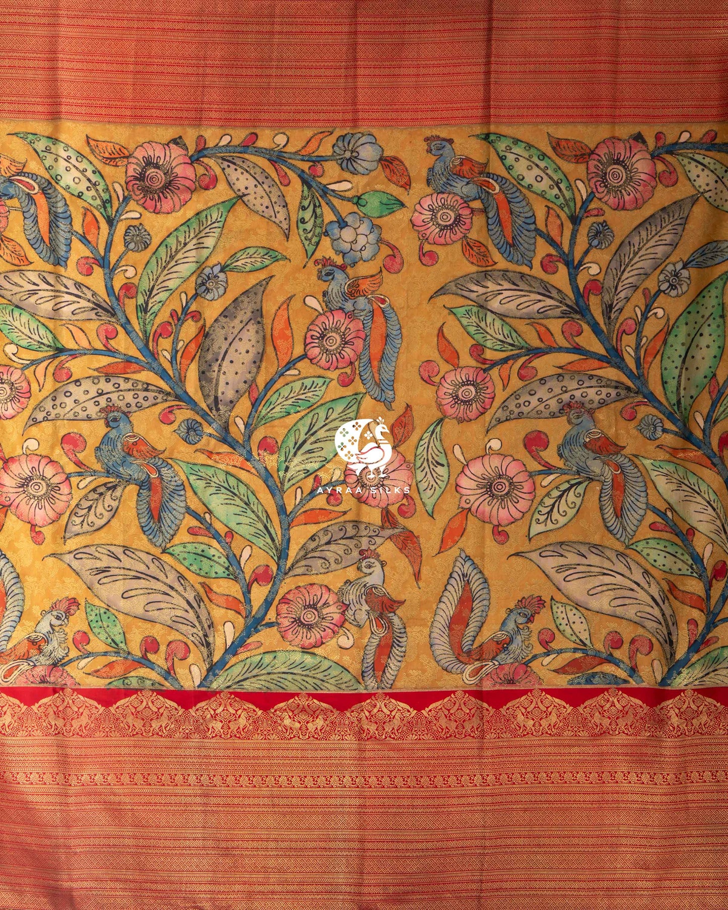 Mustard Kalamkari Kanchipuram Saree