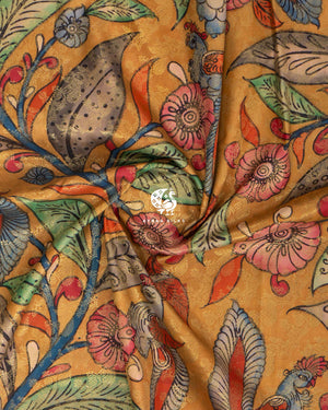 Mustard Kalamkari Kanchipuram silk saree in mustard with red — pure silk with pure zari, Ayraa Silks