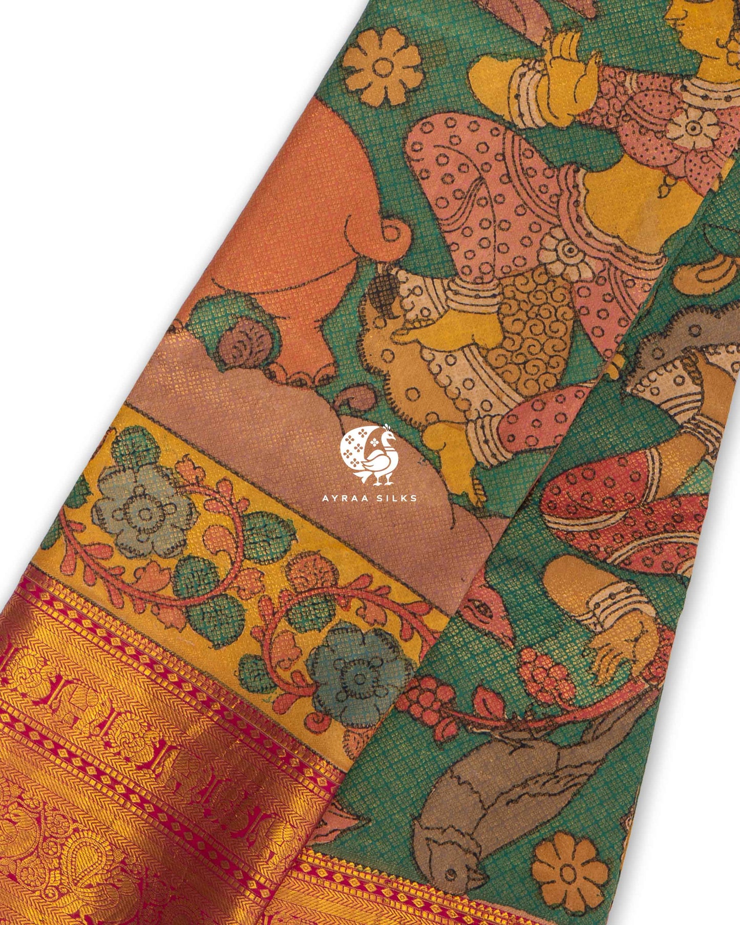 Emerald Green Kalamkari Kanchipuram Saree