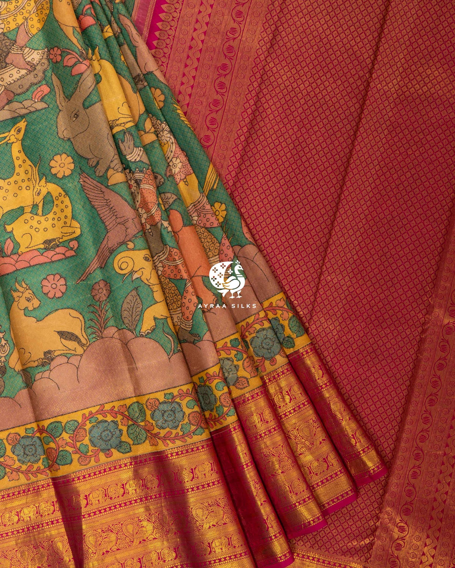 Emerald Green Kalamkari Kanchipuram Saree