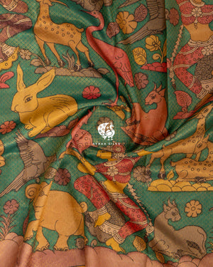 Emerald Green Kalamkari Kanchipuram silk saree in emerald green with pink — pure silk with pure zari, Ayraa Silks