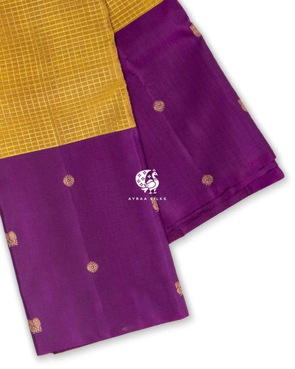 Mustard Heritage Kanchipuram silk saree in mustard gold with orchid purple, view 2 of 13 — pure silk, Ayraa Silks