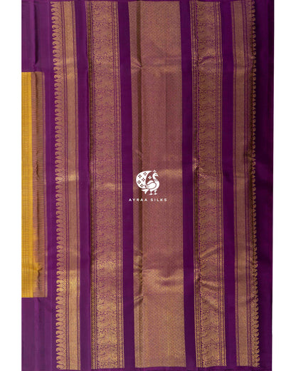 Mustard Heritage Kanchipuram silk saree in mustard gold with orchid purple, view 4 of 13 — pure silk, Ayraa Silks