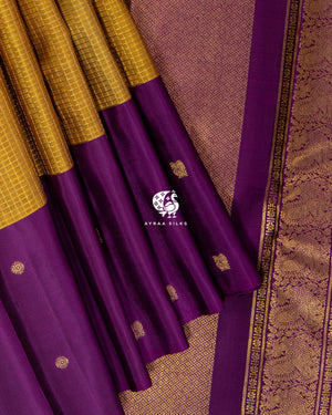 Mustard Heritage Kanchipuram silk saree in mustard gold with orchid purple, kattam (checks) in zari — pure silk with pure zari, Ayraa Silks
