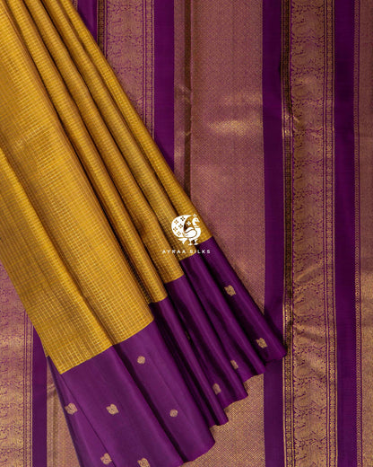 Mustard Heritage Kanchipuram silk saree in mustard gold with orchid purple, view 7 of 13 — pure silk, Ayraa Silks