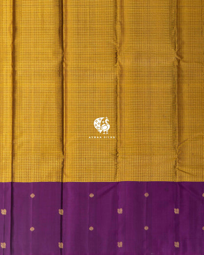 Mustard Heritage Kanchipuram silk saree in mustard gold with orchid purple, view 9 of 13 — pure silk, Ayraa Silks