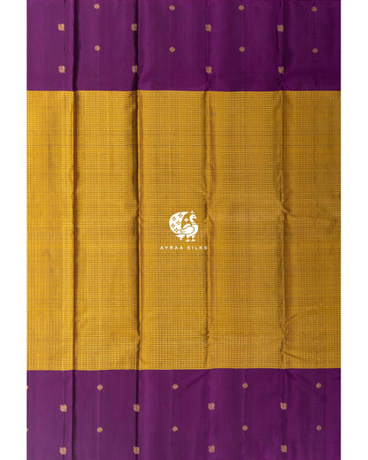 Mustard Heritage Kanchipuram silk saree in mustard gold with orchid purple, view 5 of 13 — pure silk, Ayraa Silks