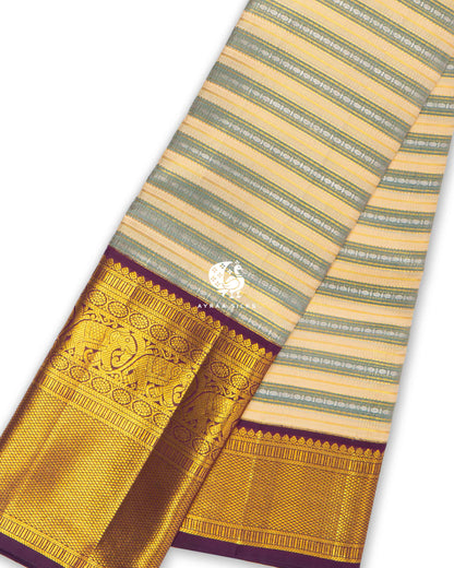 Ivory Rekku Kanchipuram silk saree in ivory with sage and aubergine, view 2 of 13 — pure silk, Ayraa Silks