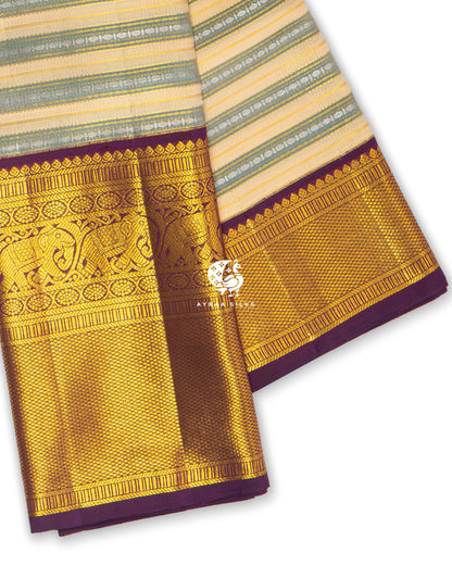 Ivory Rekku Kanchipuram silk saree in ivory with sage and aubergine, view 12 of 13 — pure silk, Ayraa Silks