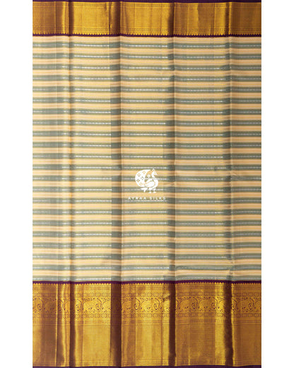 Ivory Rekku Kanchipuram silk saree in ivory with sage and aubergine, view 4 of 13 — pure silk, Ayraa Silks