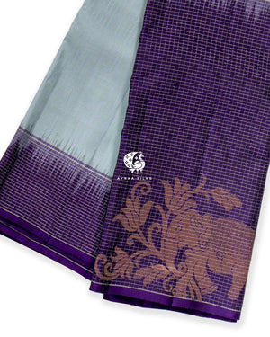 Iceblue Anai Kattam Kanchipuram silk saree in ice blue with deep violet, kattam (zari gridwork) with anai (elephant) motifs — pure silk with pure zari, Ayraa Silks