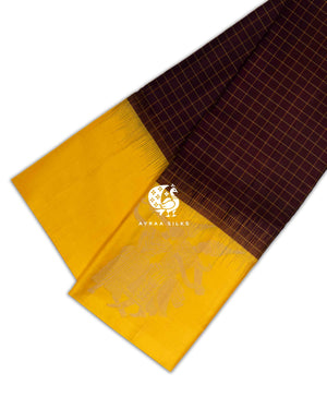 Maroon Kattam Kanchipuram silk saree in deep maroon and yellow, classic kattam (checks) — pure silk with pure zari, Ayraa Silks