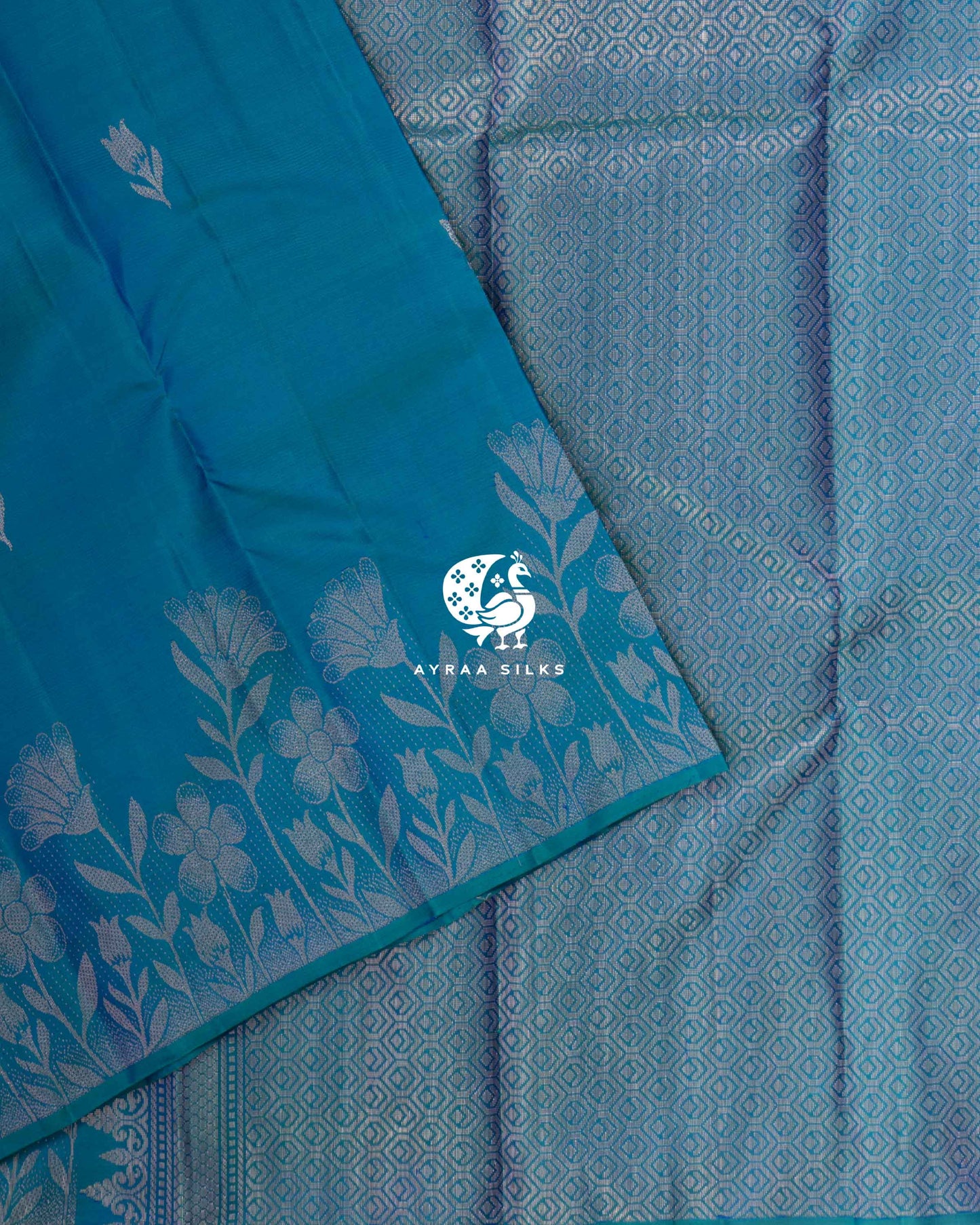 Tealblue Floral Kanchipuram Saree