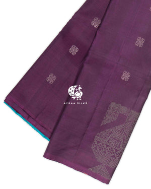 Plum Rudraksha Kanchipuram silk saree in deep plum with teal — pure silk with pure zari, Ayraa Silks