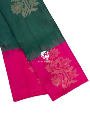 Emerald Kamalam Kanchipuram silk saree in emerald green with fuchsia pink, kamalam (lotus) in zari — pure silk with pure zari, Ayraa Silks