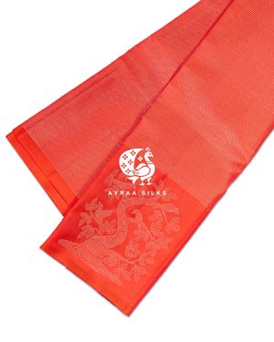Coral Vaira Oosi Kanchipuram silk saree in coral with deep green, zari border with annam (swan) and floral motifs — pure silk with pure zari, Ayraa Silks