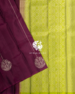 Mayil Heritage Kanchipuram silk saree, hanging mayil (peacock) zari motifs with floral vines — pure silk with pure zari, Ayraa Silks