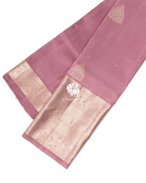 Pastel Rose Thilagam Kanchipuram silk saree in pastel rose with gold, subtle gold zari border — pure silk with pure zari, Ayraa Silks