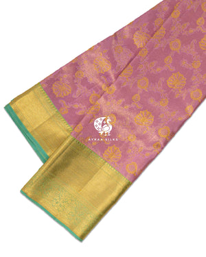 Rose Kamalam Kanchipuram silk saree in rose with gold and turquoise, kamalam (lotus) in fine zari — pure silk with pure zari, Ayraa Silks