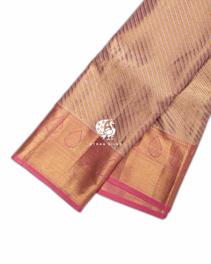Blush Pink Vaira Oosi Kanchipuram silk saree in blush pink with gold, zari border with manga (paisley) motifs — pure silk with pure zari, Ayraa Silks