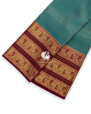 Heritage Teal Kattam Kanchipuram silk saree in teal with deep maroon, fine kattam (checks) — pure silk with pure zari, Ayraa Silks