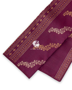Plum Floral Kanchipuram silk saree in plum with gold and silver, florals in alternating gold and silver zari — pure silk with pure zari, Ayraa Silks