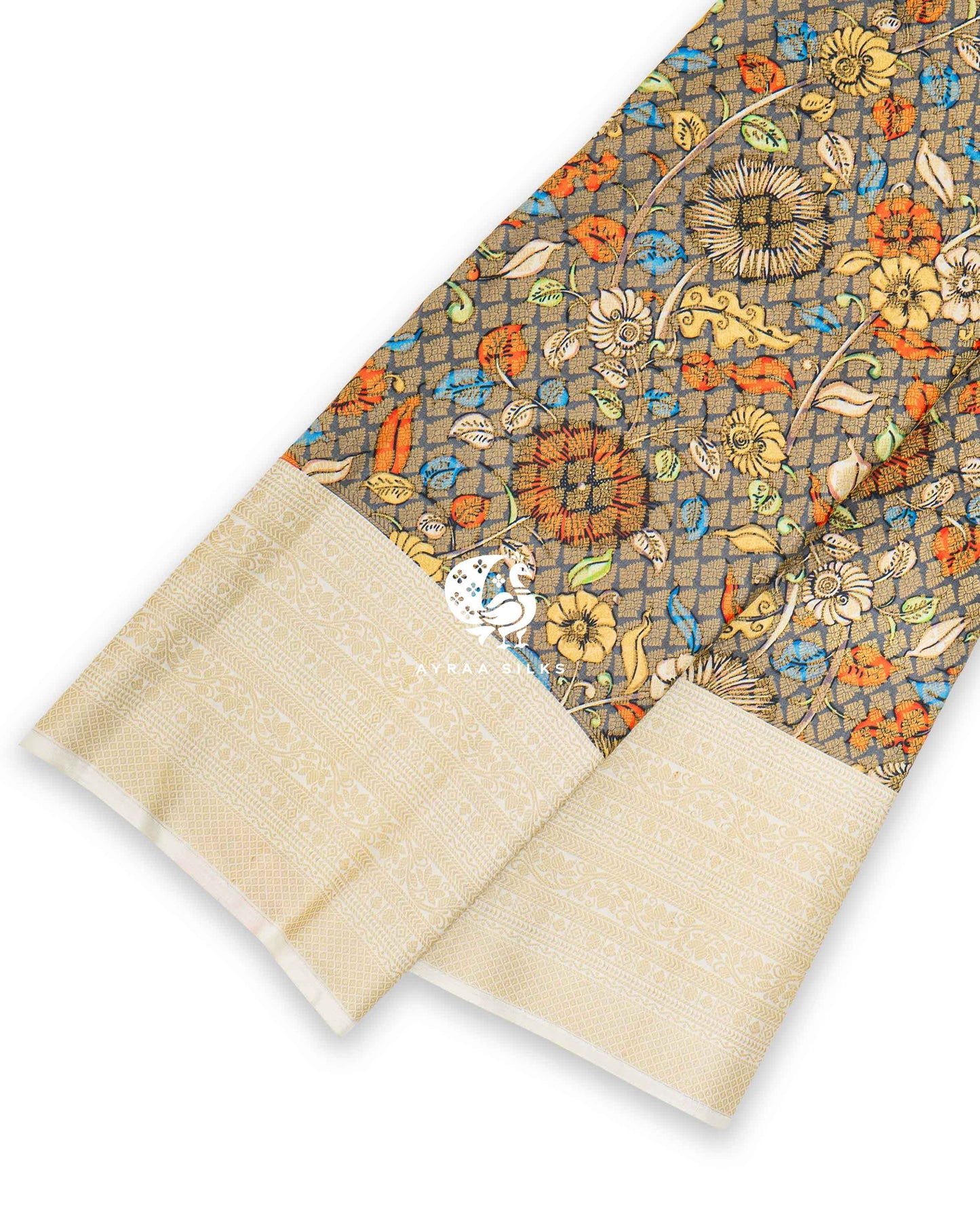 Slate Kalamkari Kanchipuram Saree