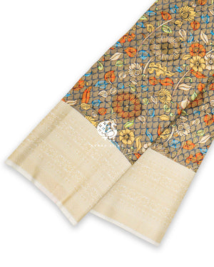 Slate Kalamkari Kanchipuram silk saree in slate, woven kalamkari-inspired florals over a kattam base — pure silk with pure zari, Ayraa Silks